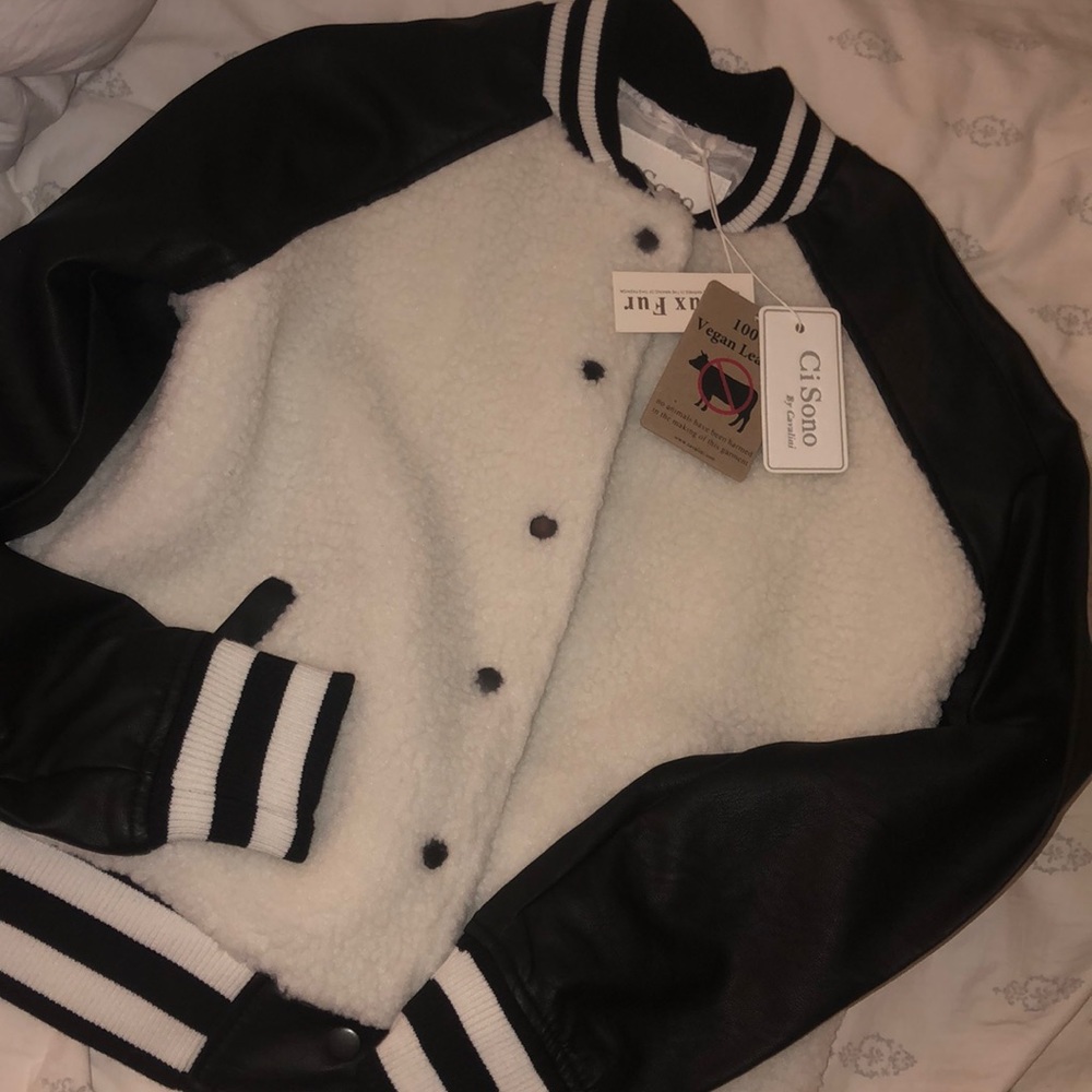 Black leather and white fur coat (faux fur)